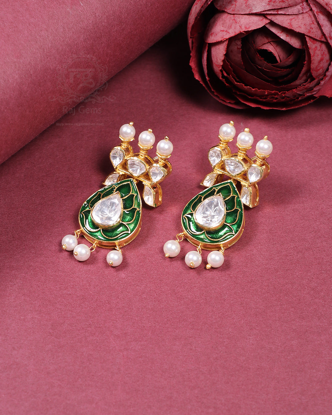 925 Silver Polki Green Earring