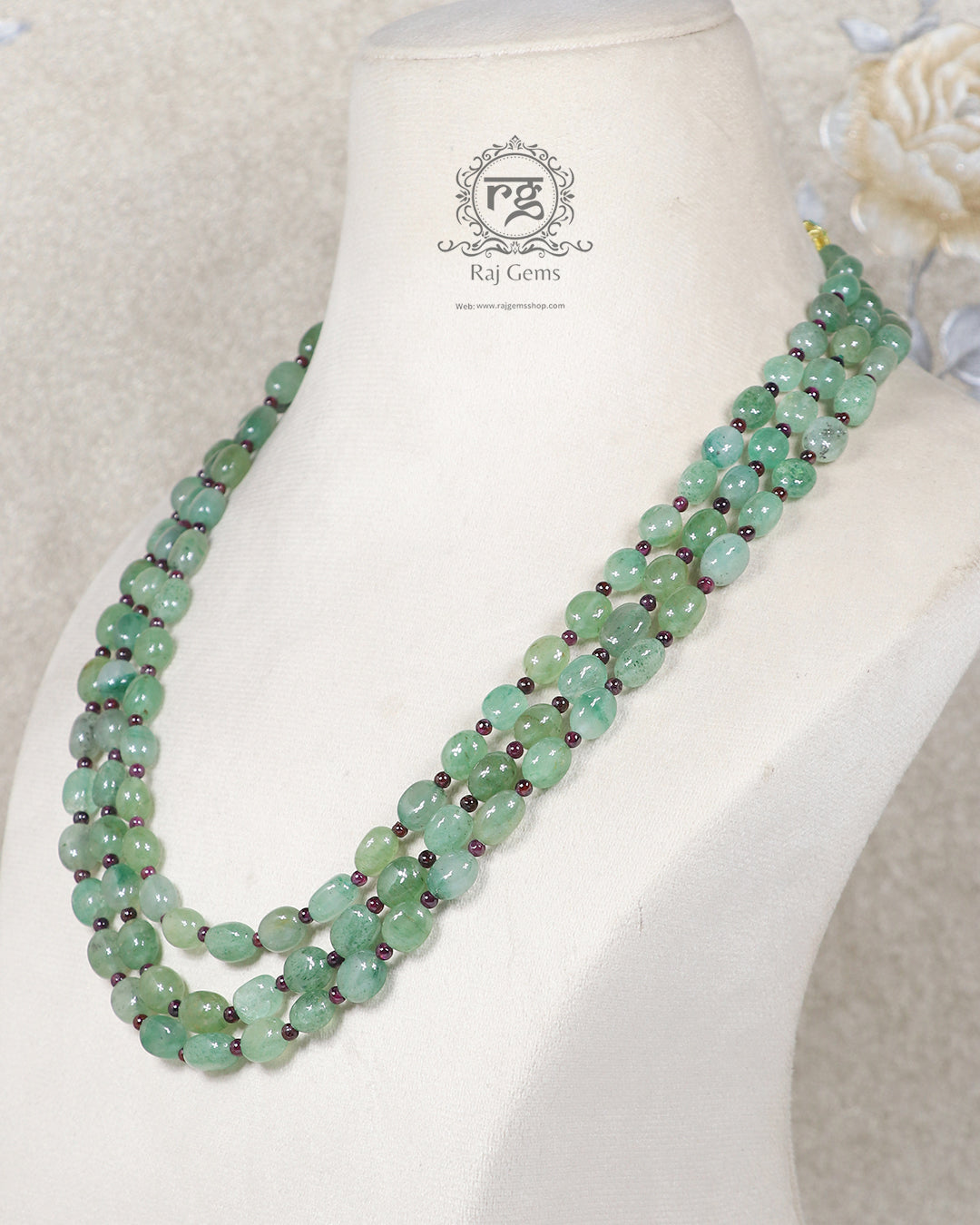 Natural Green Beryl & Garnet Gemstone Beads Necklace