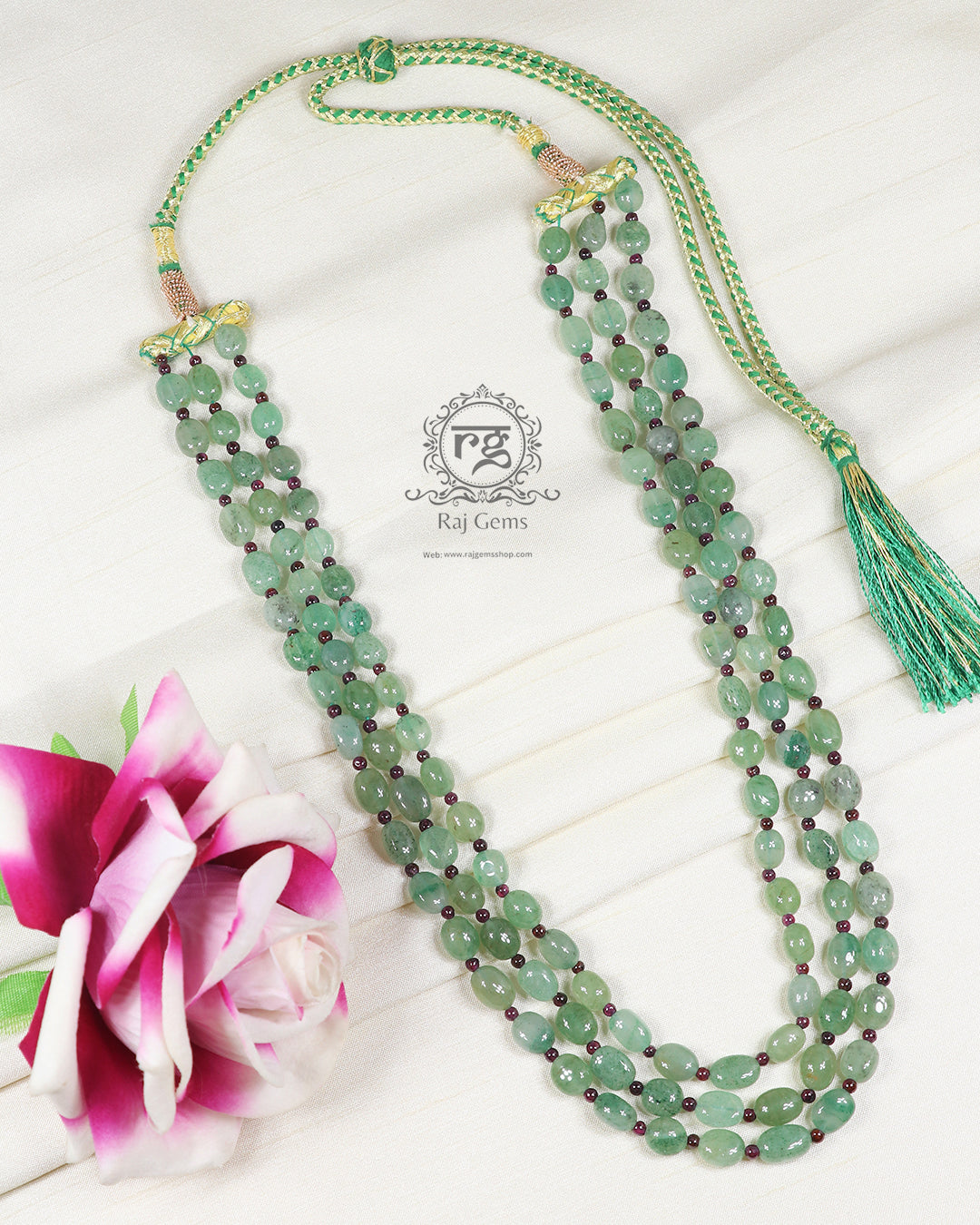 Natural Green Beryl & Garnet Gemstone Beads Necklace