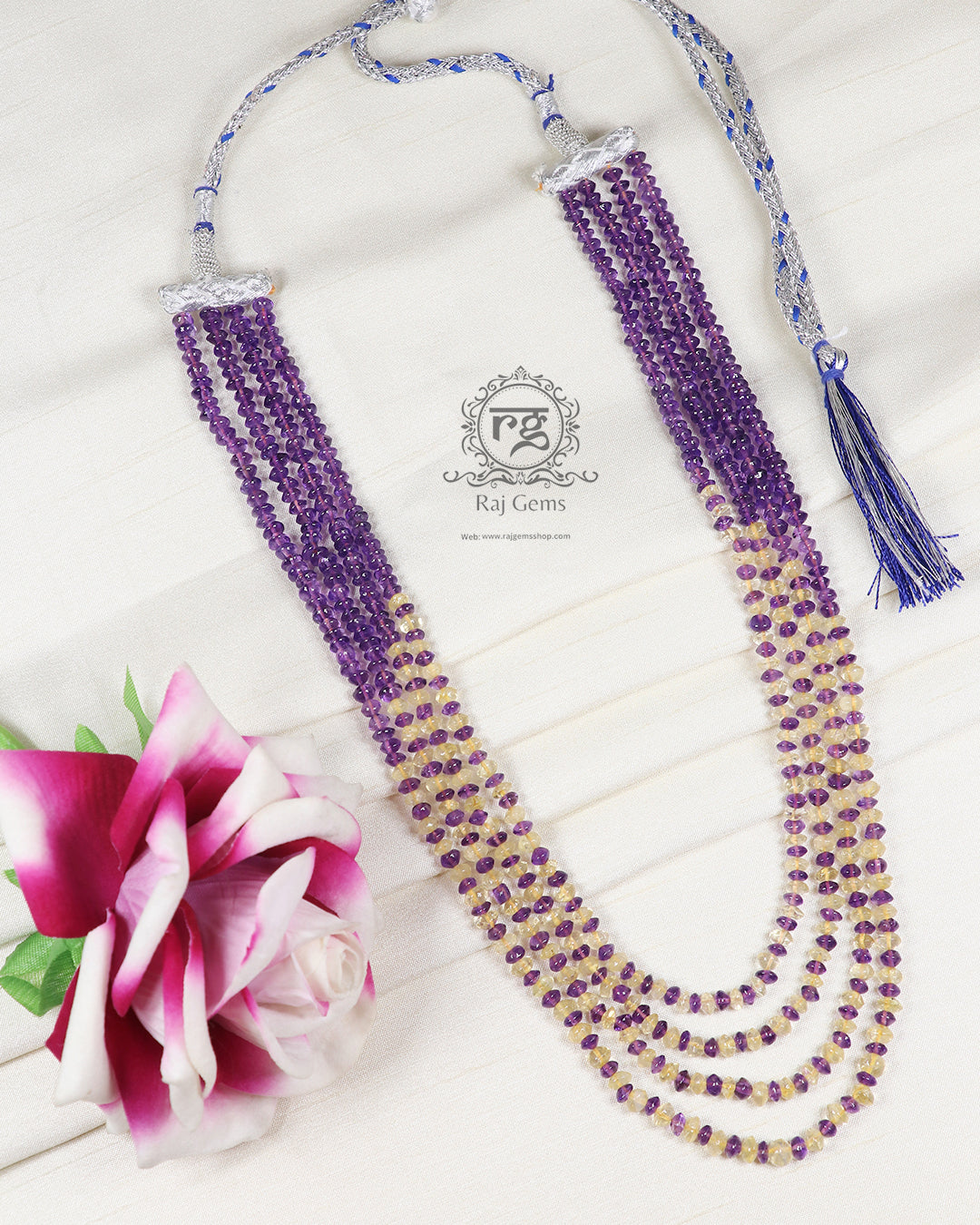 Natural Amethyst & Citrine Gemstone Rondelle Beaded Necklace