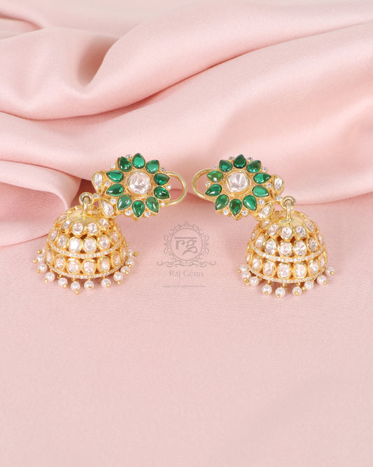 925 Silver Moissanite Polki Jhumki Green Earring