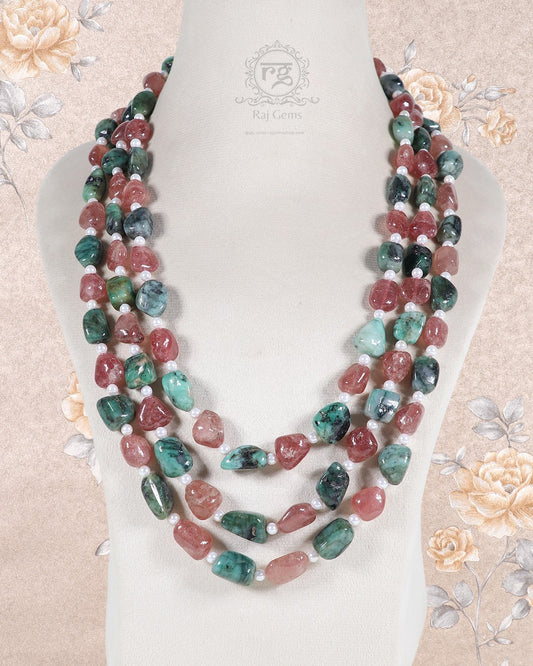 Natural Pink Quartz & Emerald Gemstone Beads Necklace Jewelry