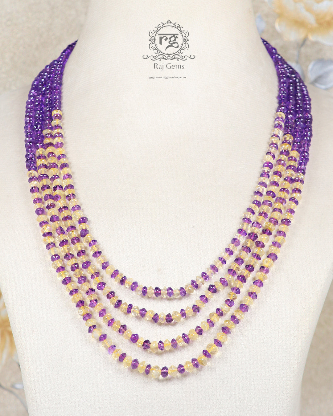 Natural Amethyst & Citrine Gemstone Rondelle Beaded Necklace