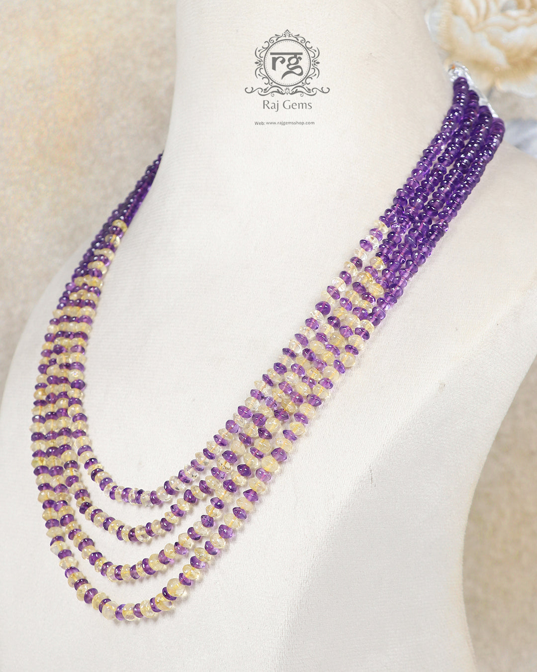 Natural Amethyst & Citrine Gemstone Rondelle Beaded Necklace