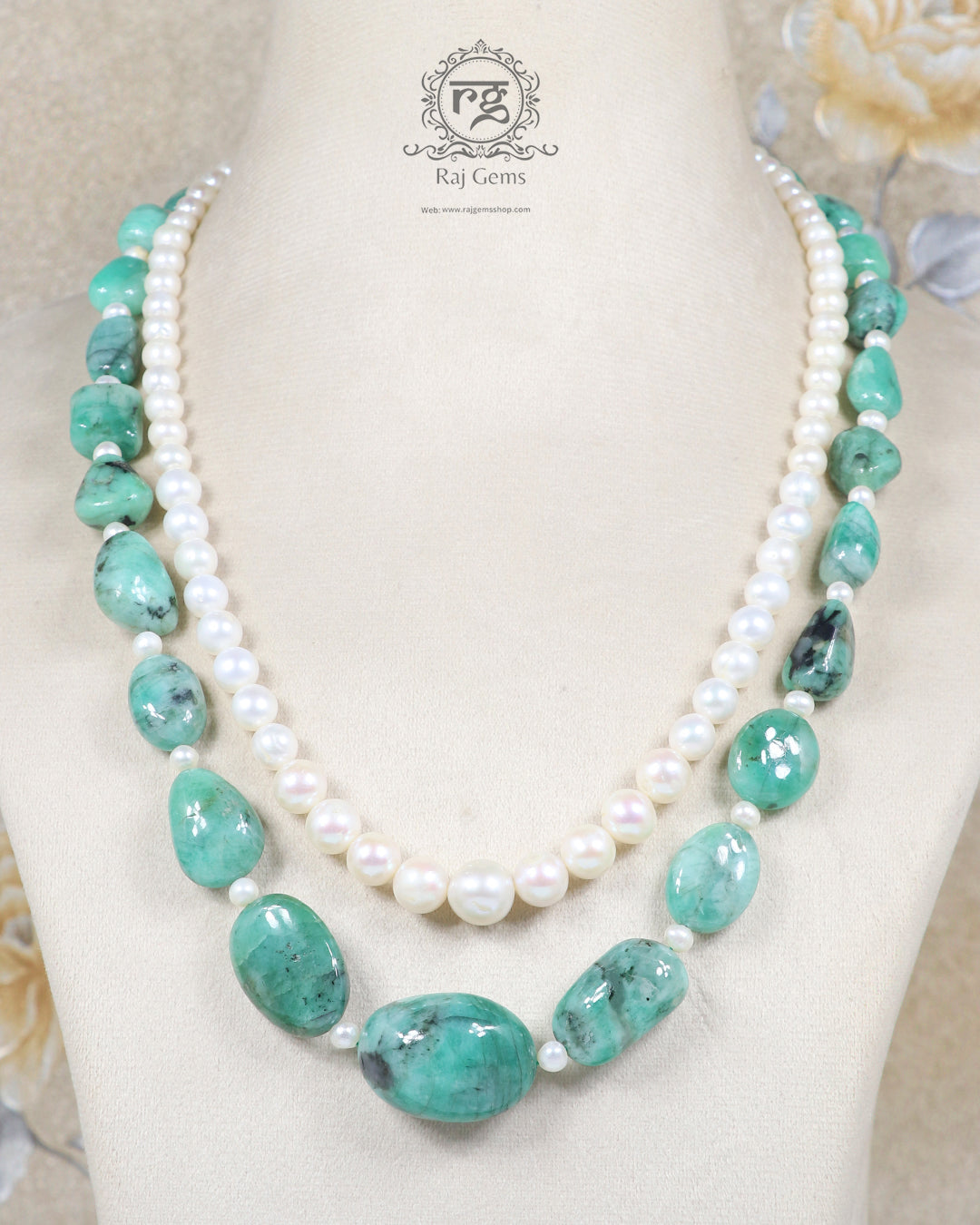 Natural Emerald & Pearl Gemstone Beads Necklace Jewelry