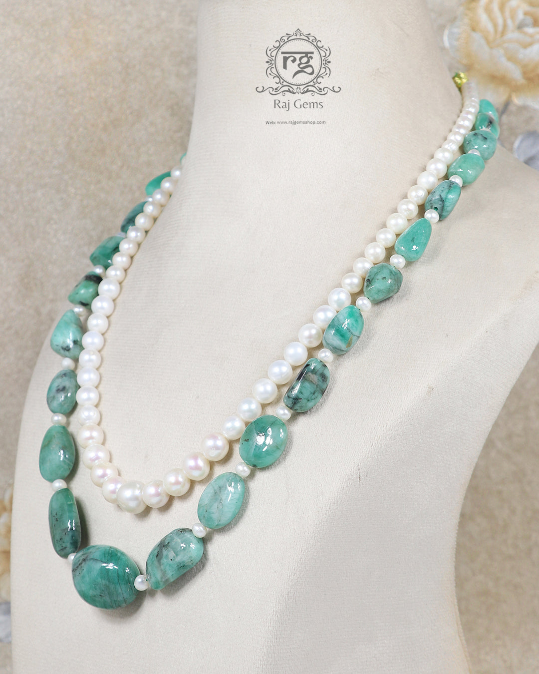 Natural Emerald & Pearl Gemstone Beads Necklace Jewelry