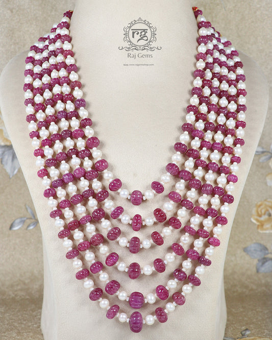 Natural Ruby and Pearl  Gemstone Beads Pumpkin Necklace Jewelry