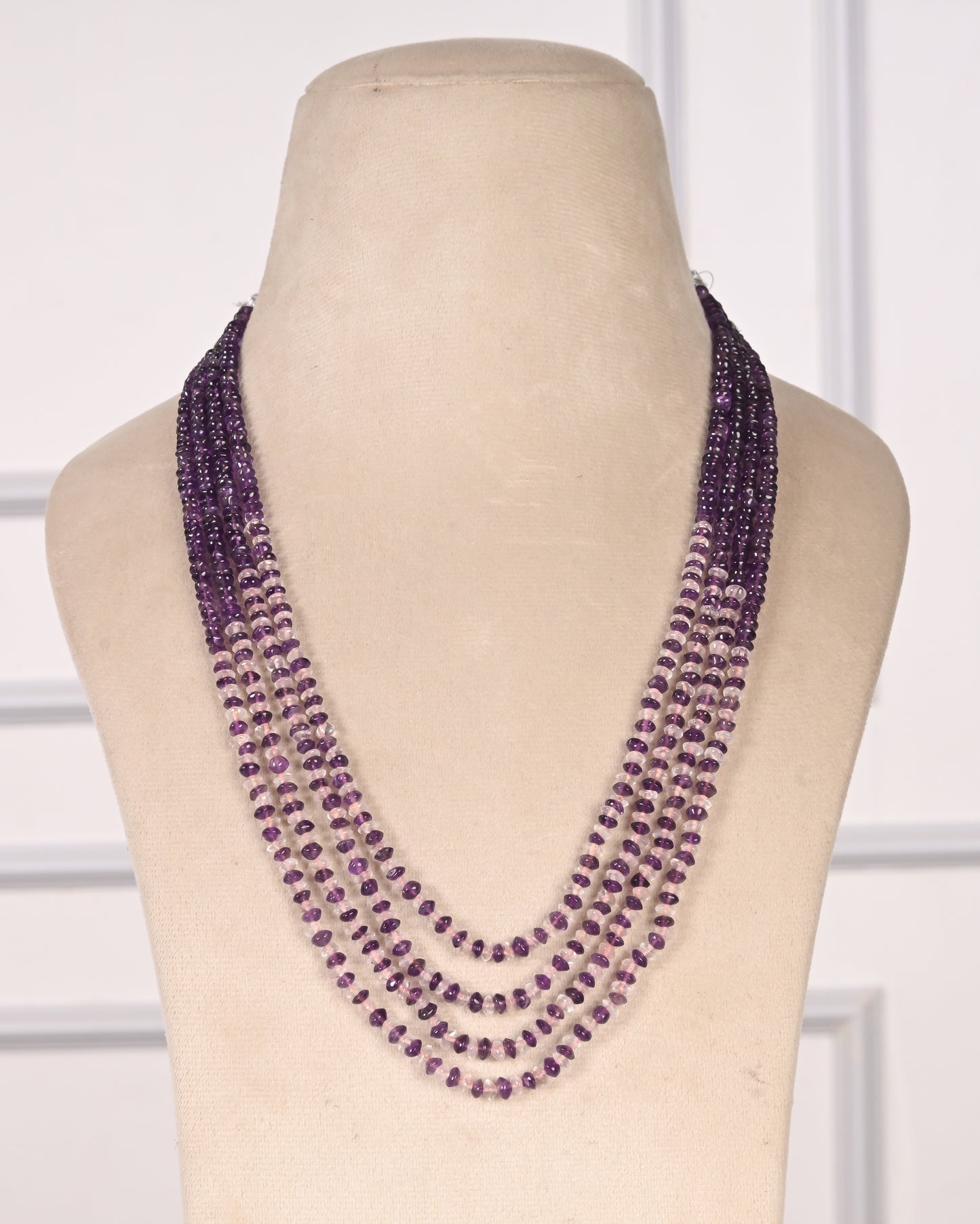 Natural Amethyst & Rose Quartz Gemstone Rondelle Smooth Beaded Necklace