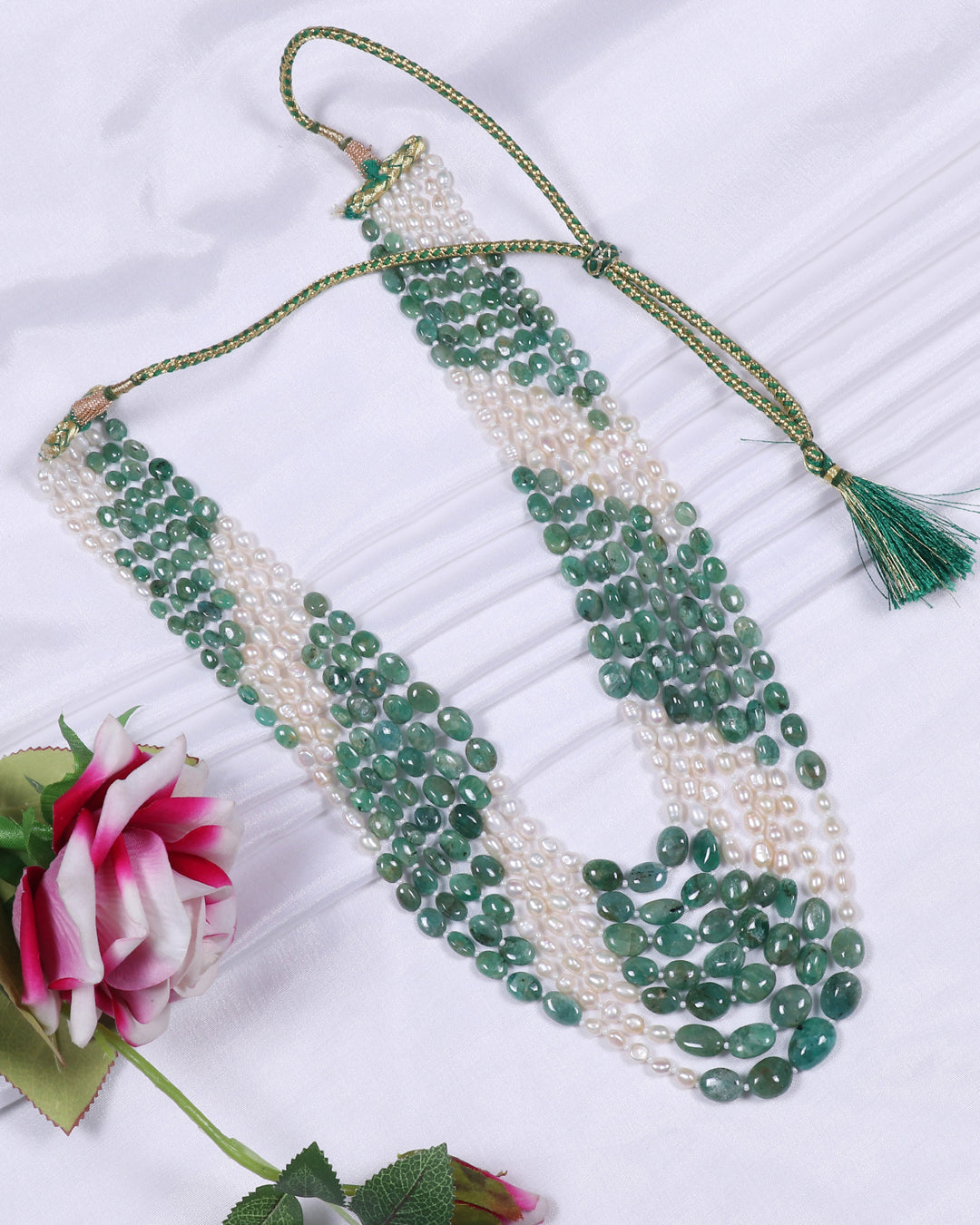 Natural Emerald & Pearl Gemstone Beads Necklace Jewelry