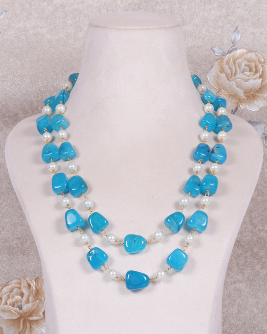 Natural Blue Quartz & Pearl Gemstone Beads Necklace Jewelry