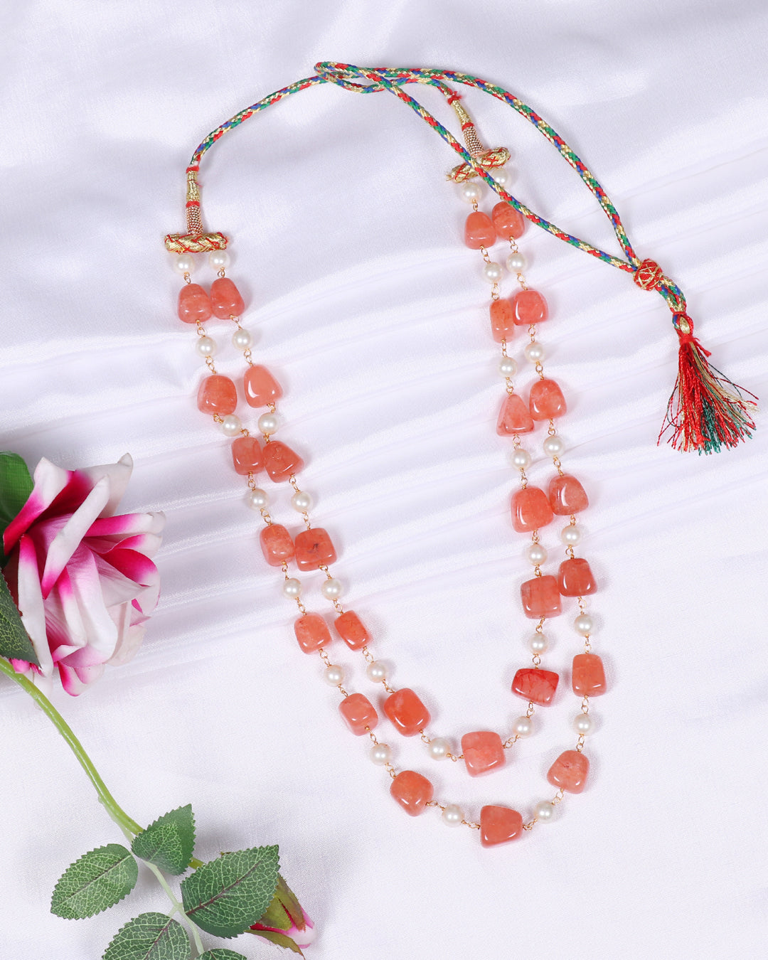 Natural Peach Quartz & Pearl Gemstone Beads Necklace Jewelry