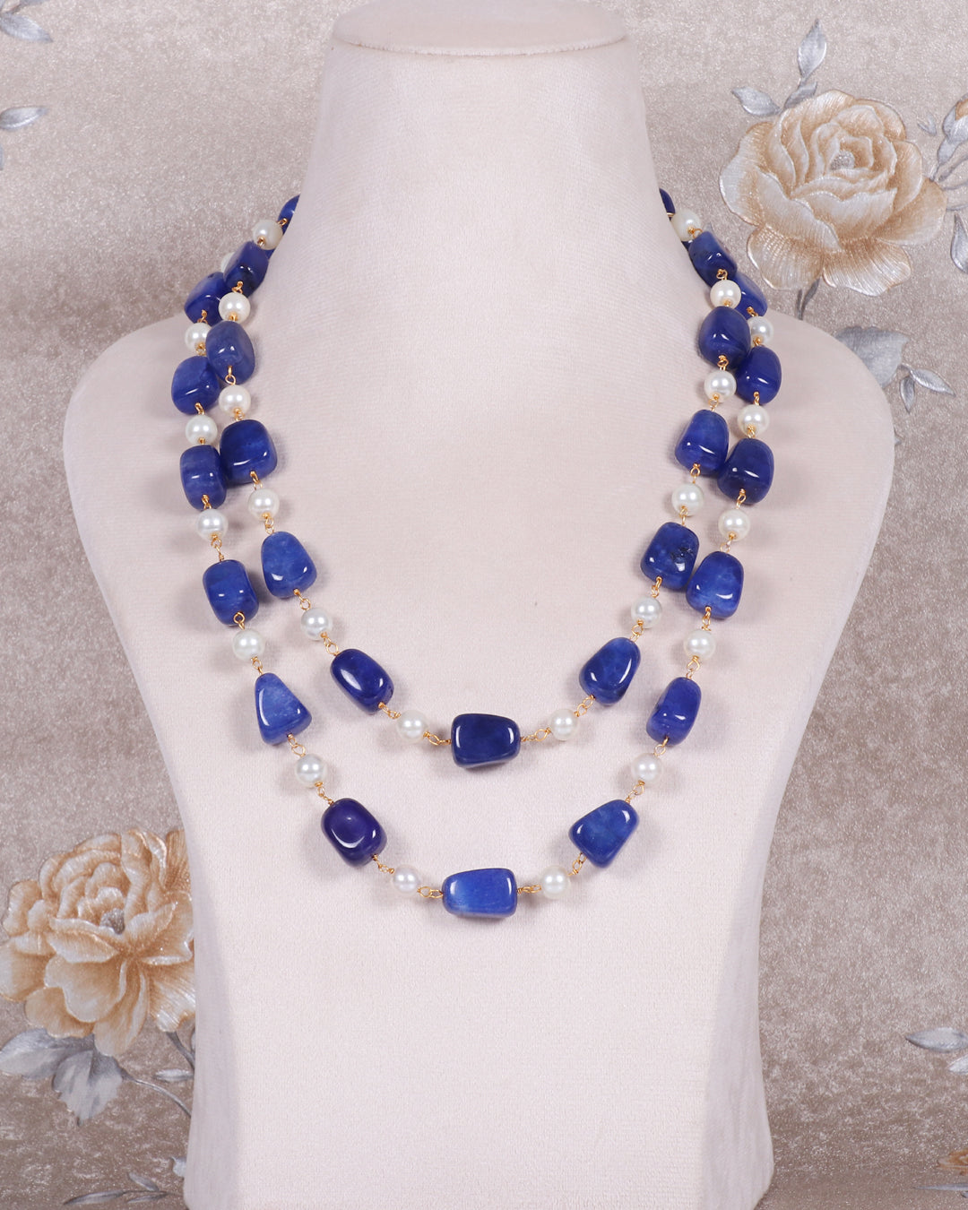 Natural Blue Quartz & Pearl Gemstone Beads Necklace Jewelry