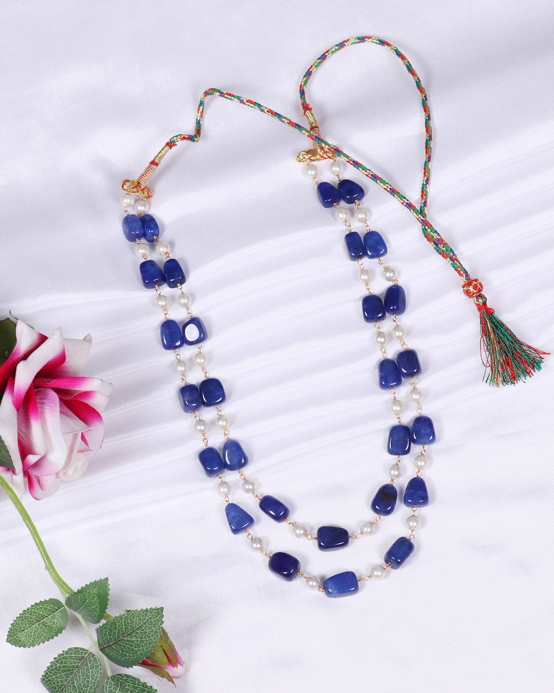 Natural Blue Quartz & Pearl Gemstone Beads Necklace Jewelry