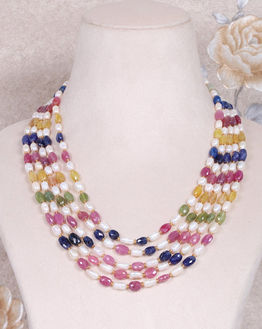Natural Multi Sapphire & Pearl Gemstone Beads Necklace Jewelry