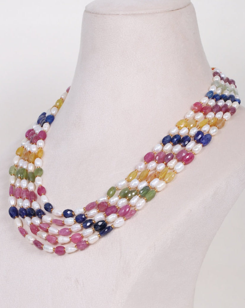 Natural Multi Sapphire & Pearl Gemstone Beads Necklace Jewelry