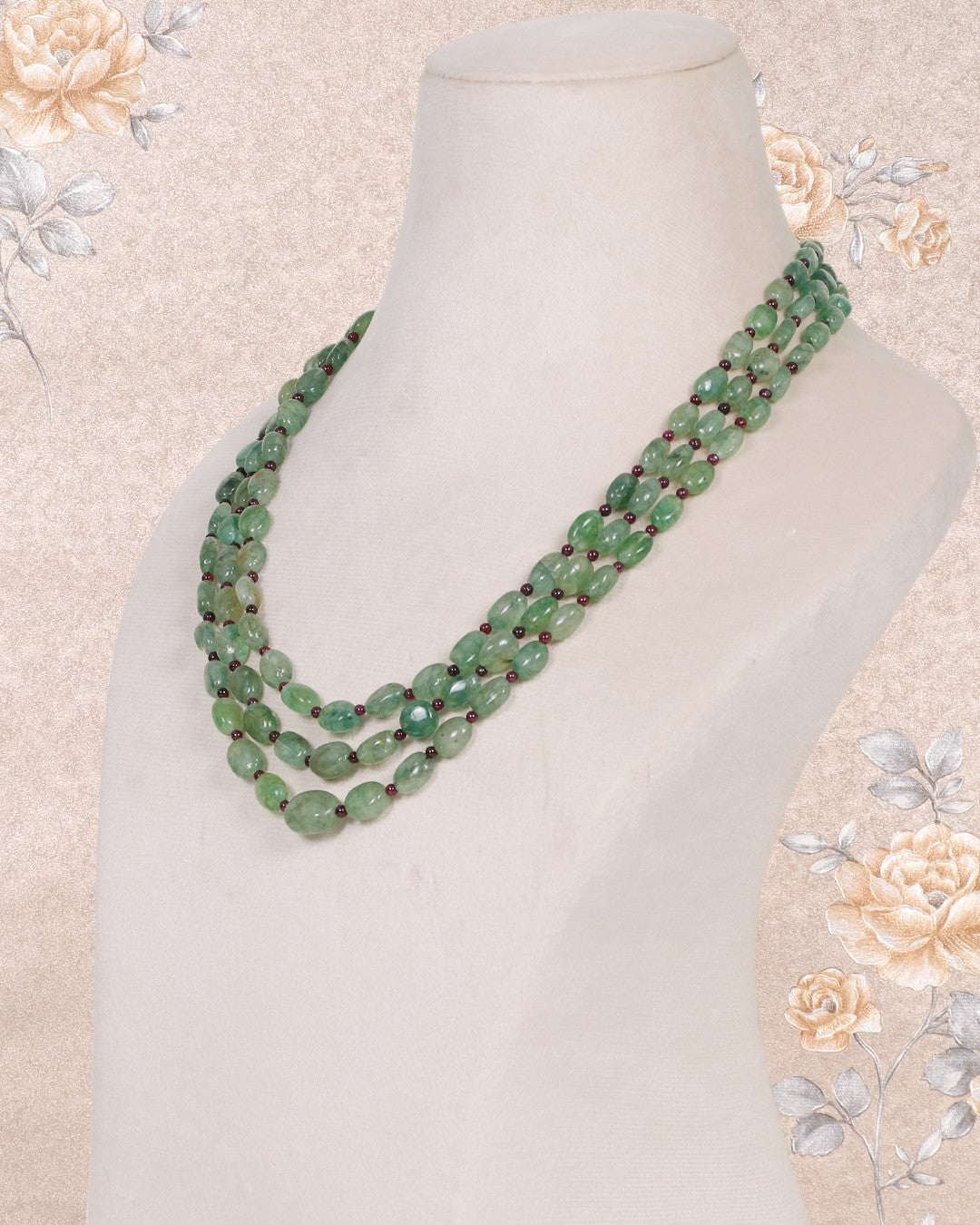 Natural Green Beryl & Garnet Gemstone Beads Necklace Jewelry