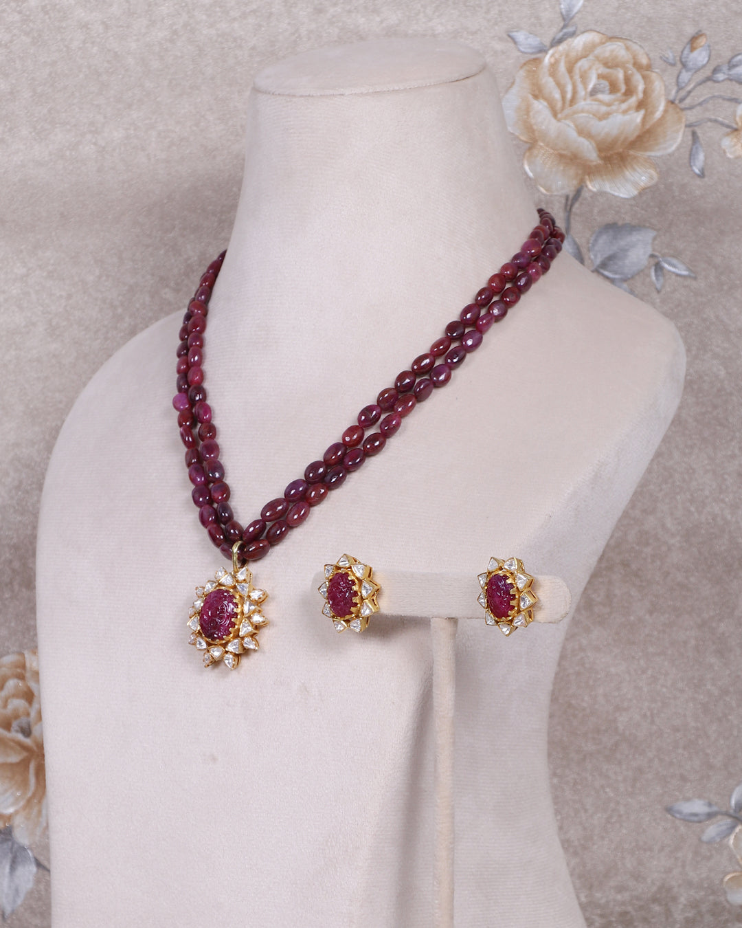 925 Silver Natural Ruby & Polki Gemstone Designer Necklace Jewelry