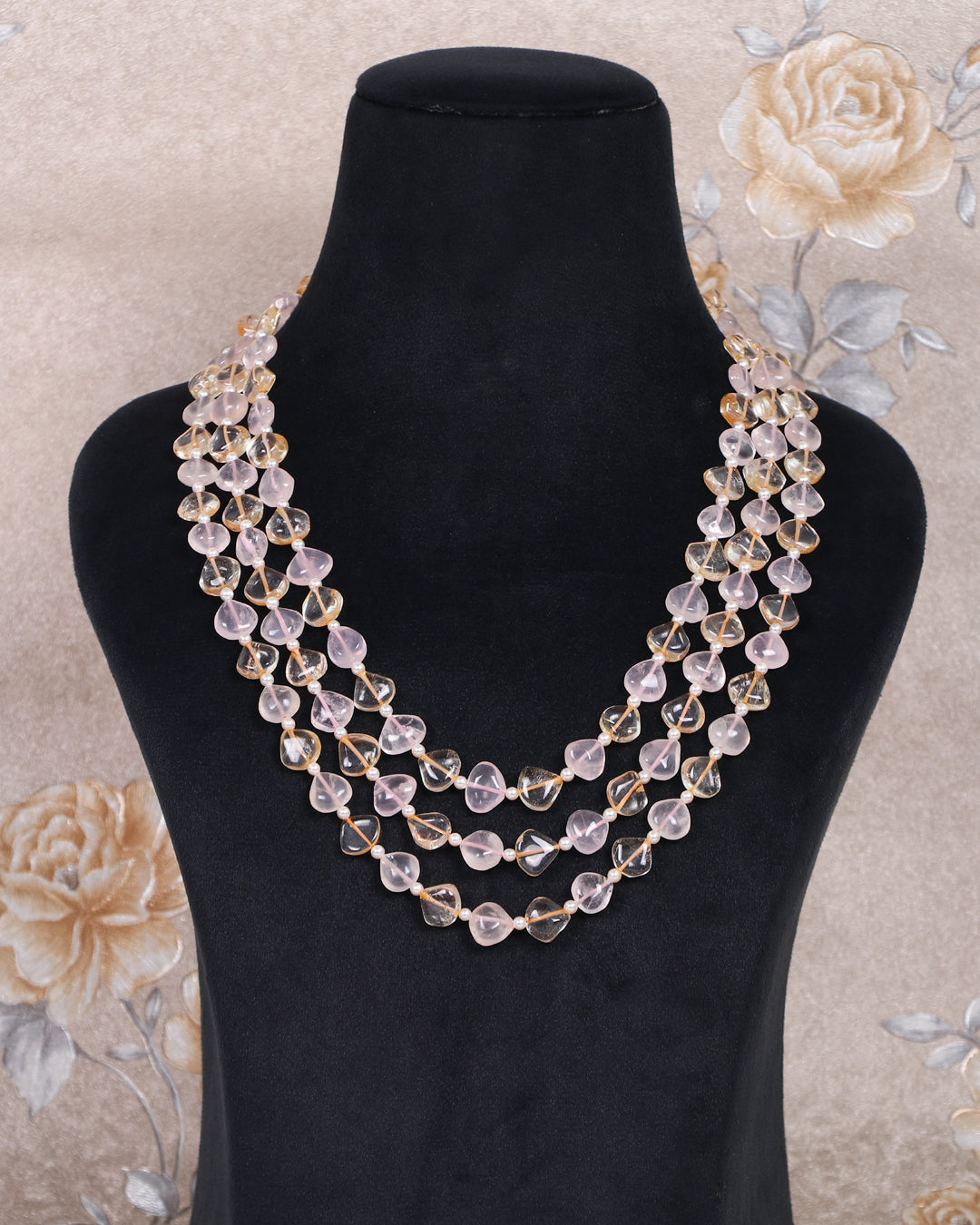 Beautiful Heart Shaped Rose Quartz & Citrine Gemstone Necklace