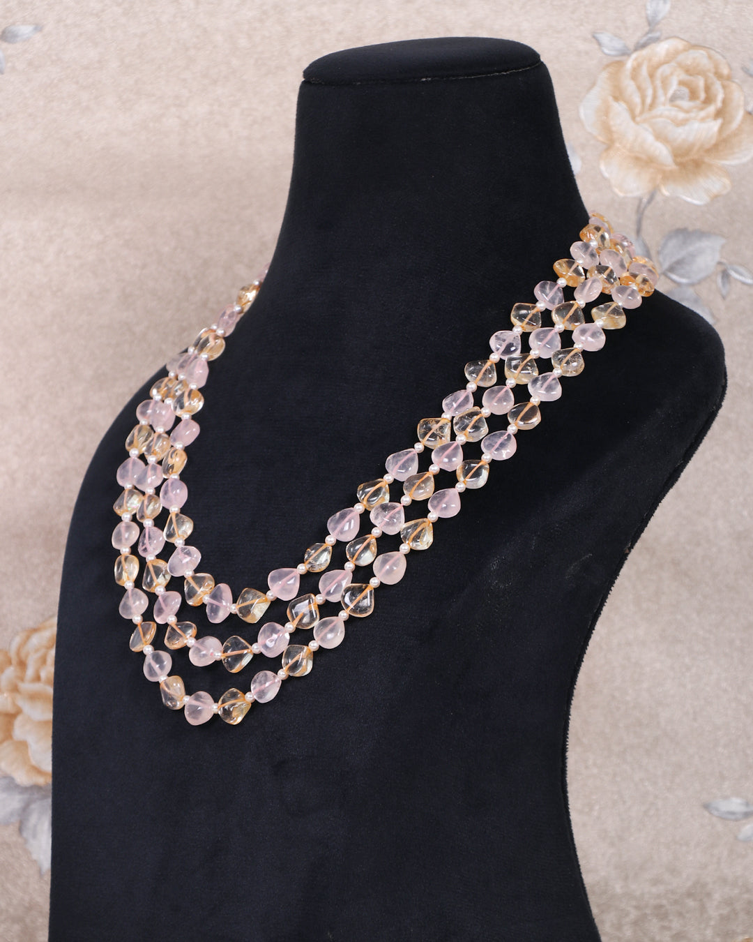 Beautiful Heart Shaped Rose Quartz & Citrine Gemstone Necklace