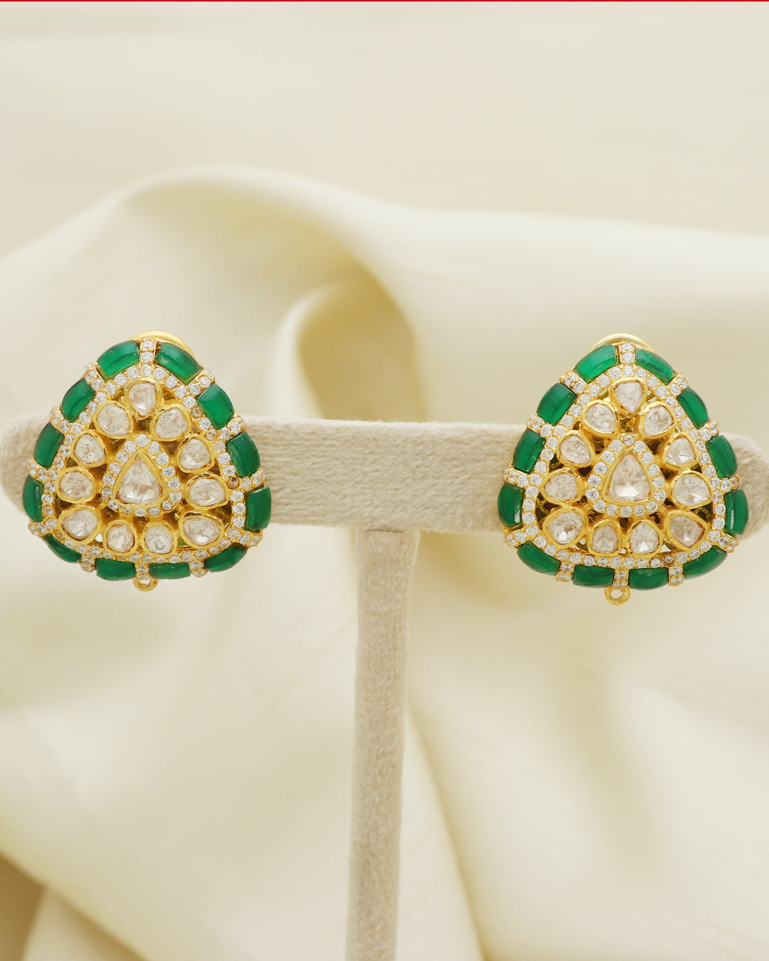 925 Silver Moissanite Polki Stud Green Earrings