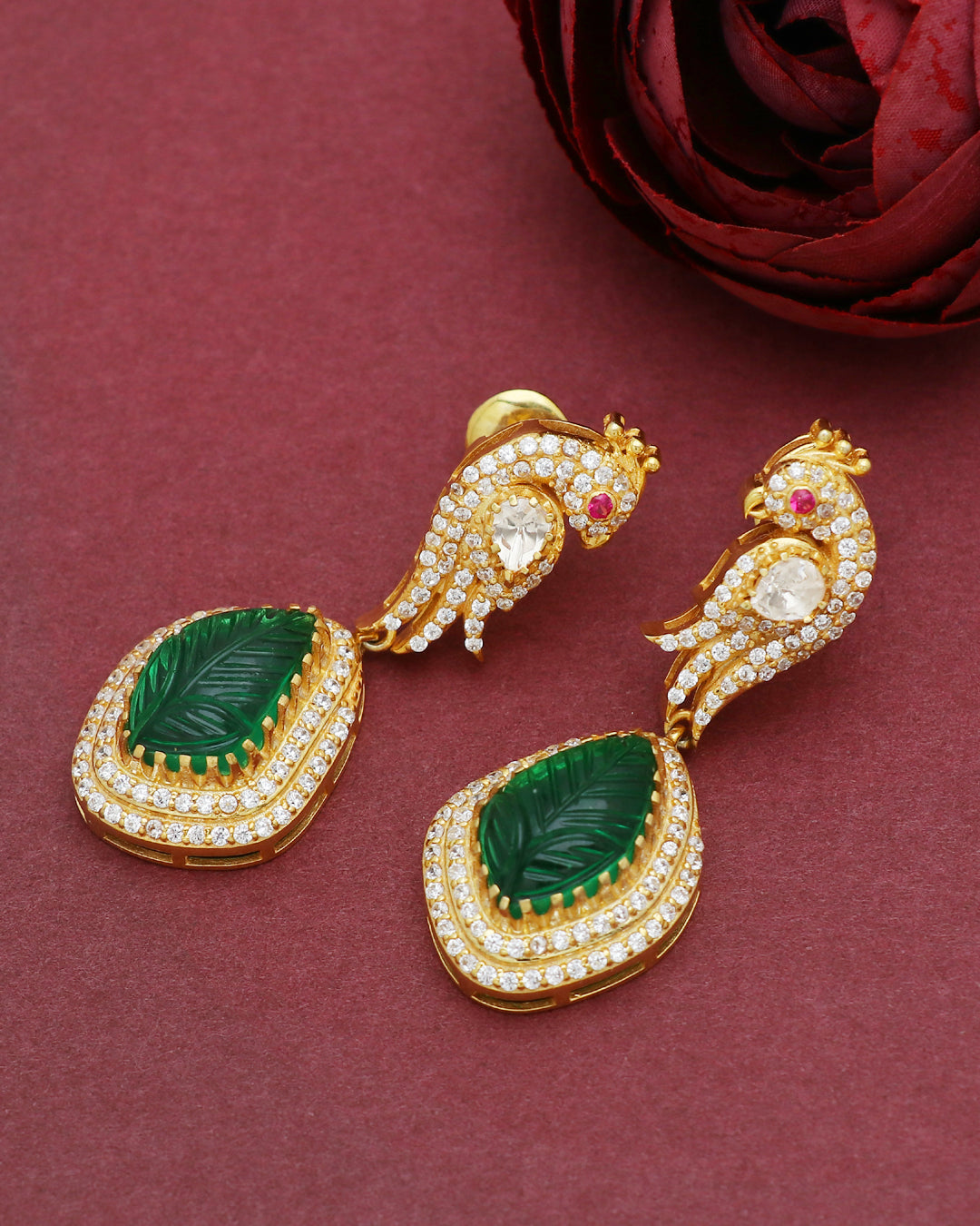 925 Silver Moissanite Polki Stud Green Earrings