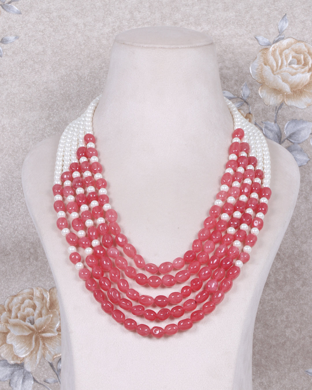 Natural Pink Quartz & Pearl Gemstone Beads Necklace Jewelry