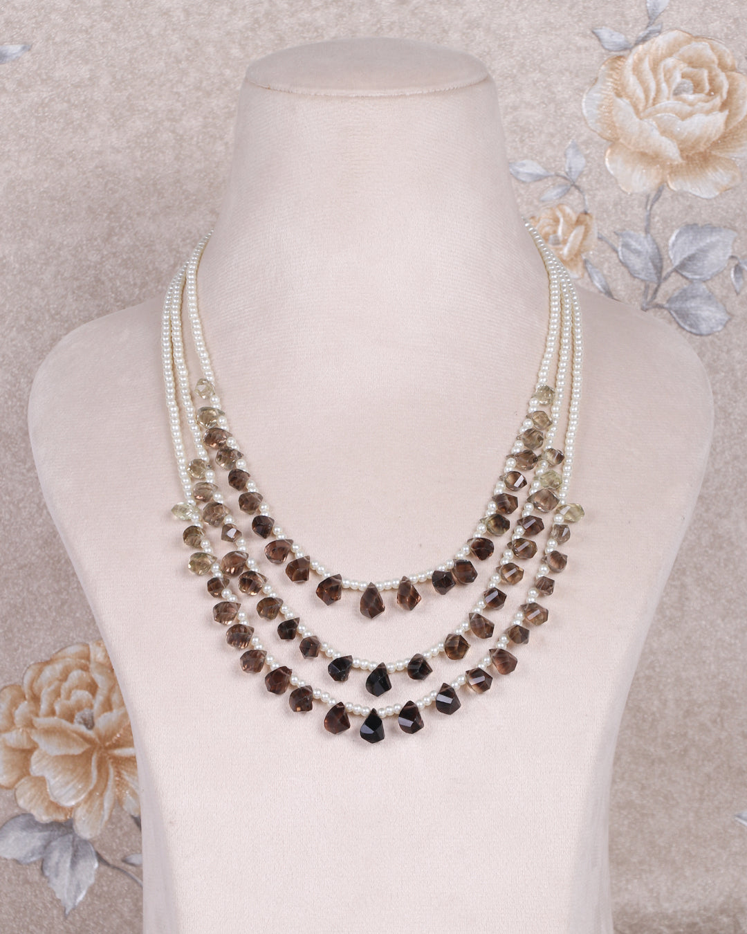 Natural Smoky Quartz & Pearl Pear Faceted Beads Necklace Jewelry