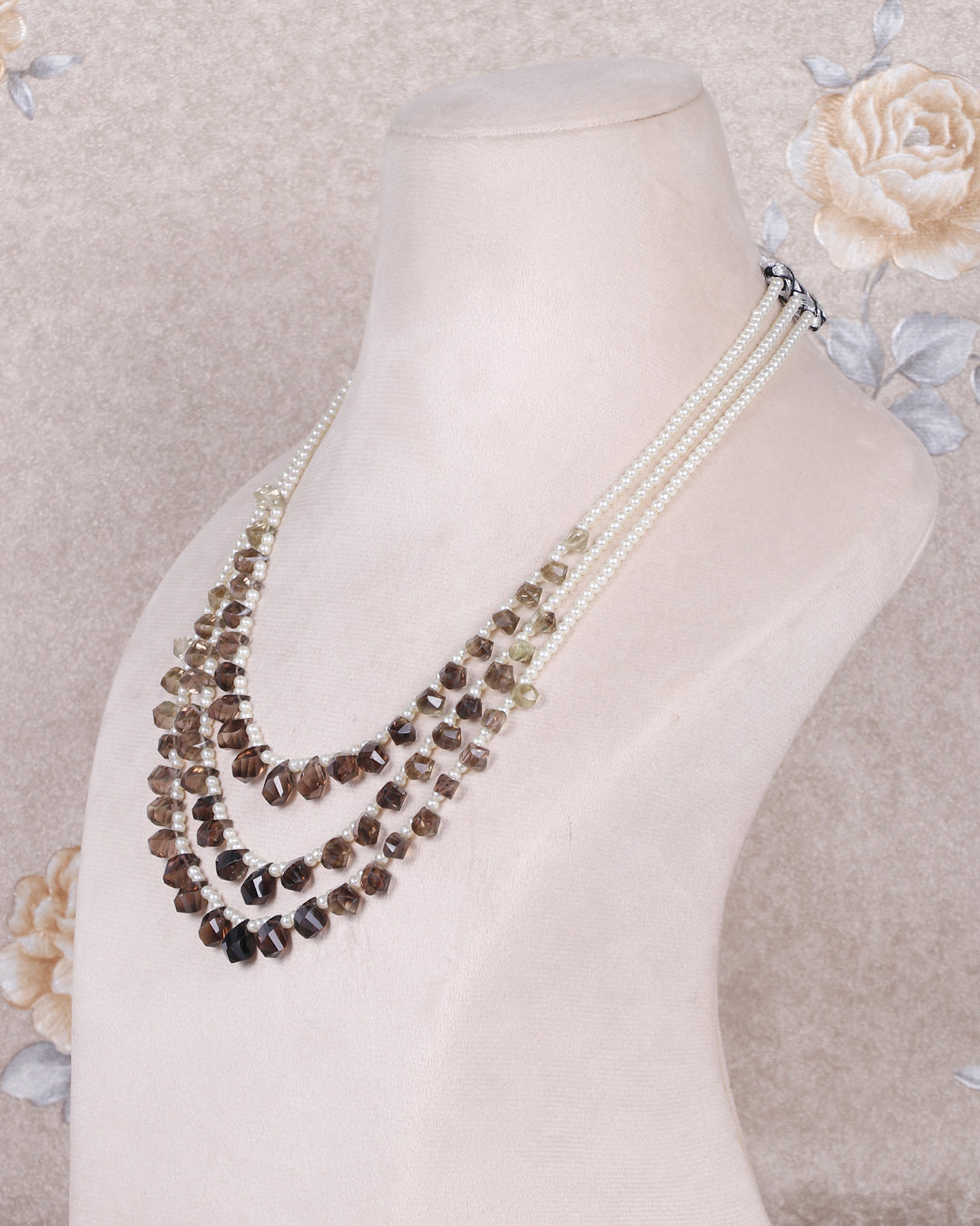 Natural Smoky Quartz & Pearl Pear Faceted Beads Necklace Jewelry