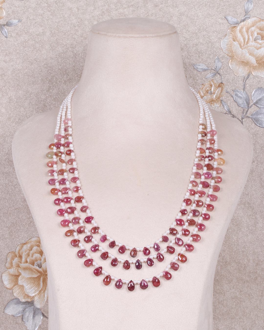 Natural Pink Tourmaline & Pearl Faceted Pear Beads Necklace Jewelry