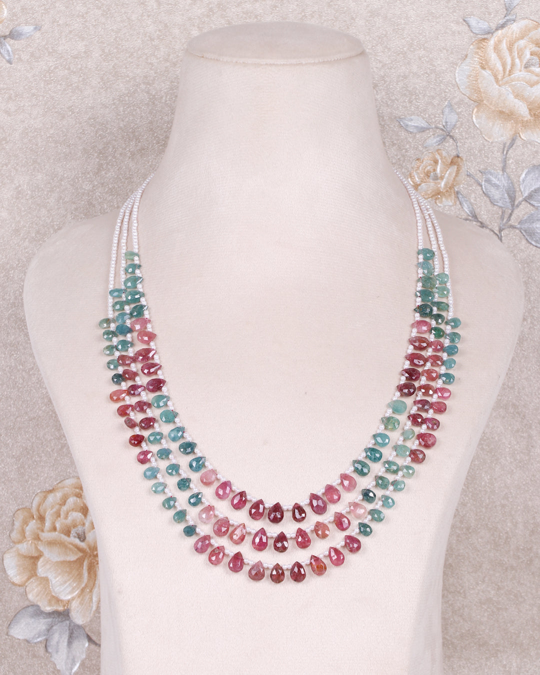 Natural Multi Tourmaline & Pearl Gemstone Faceted Pear Beads Necklace Jewelry