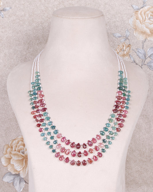 Natural Multi Tourmaline & Pearl Gemstone Faceted Pear Beads Necklace Jewelry