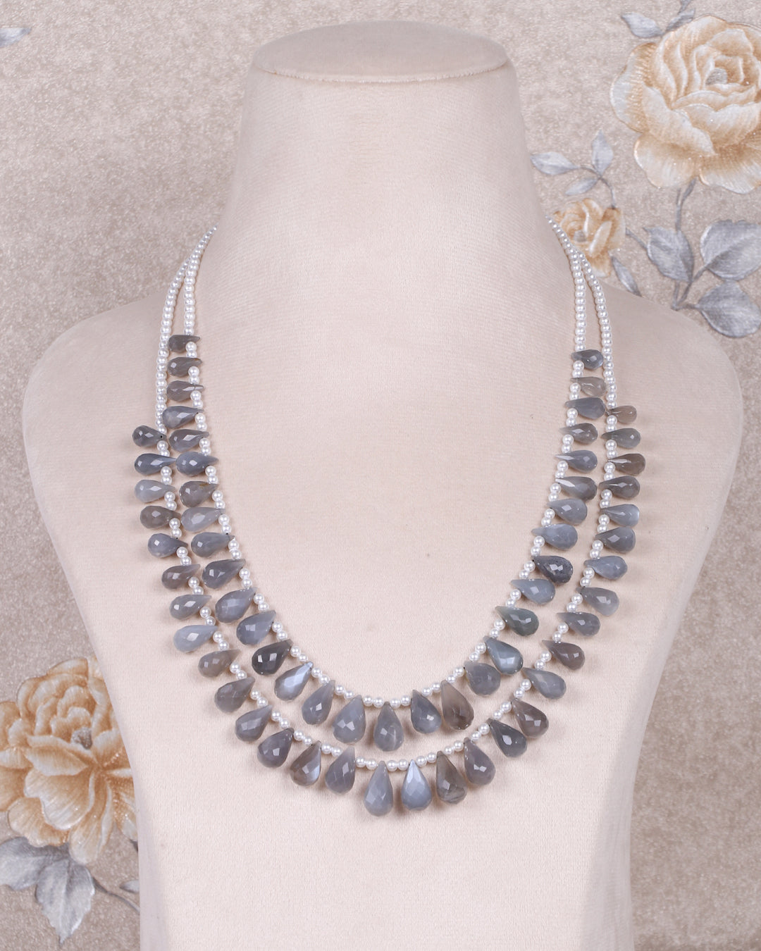 Natural Grey Moonstone & Pearl Gemstone Pear Beads Necklace Jewelry