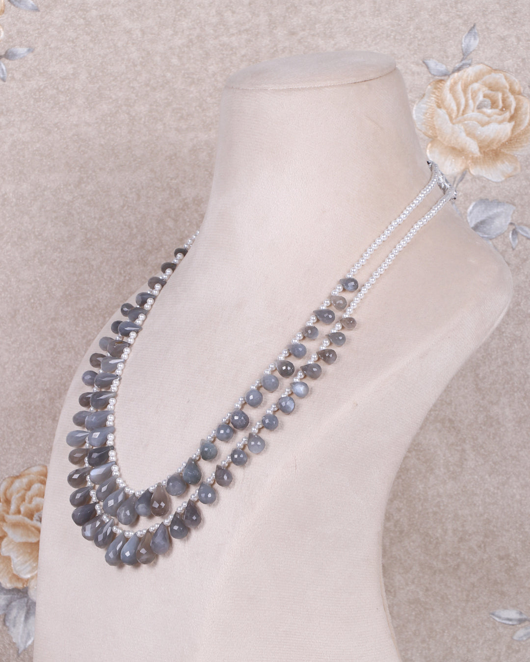 Natural Grey Moonstone & Pearl Gemstone Pear Beads Necklace Jewelry