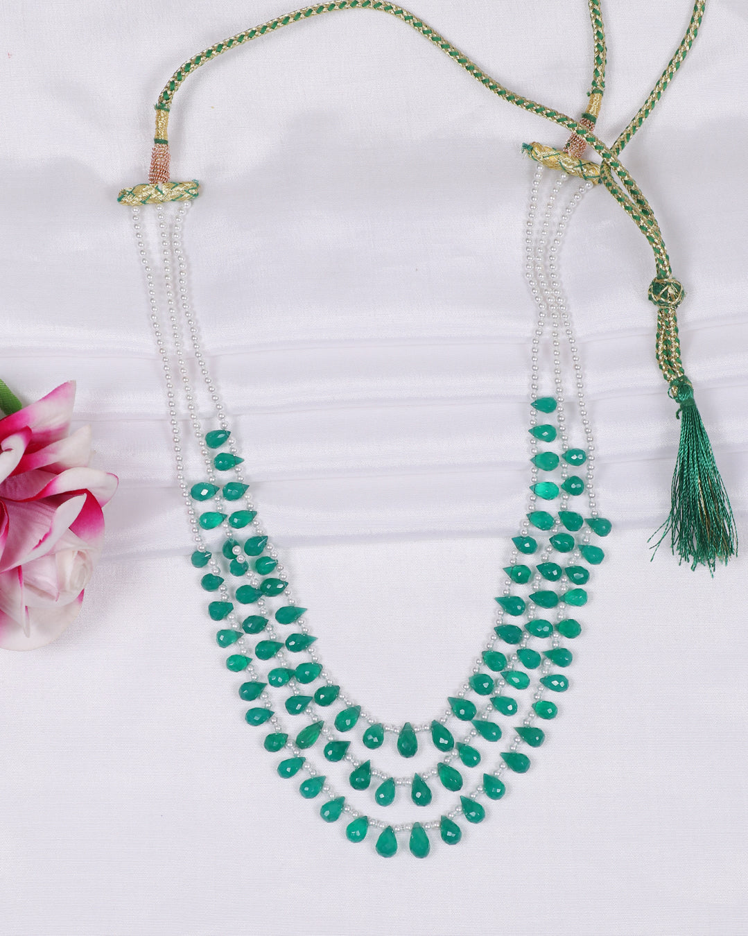 Natural Green Onyx & Pearl Gemstone Pear Beads Necklace Jewelry