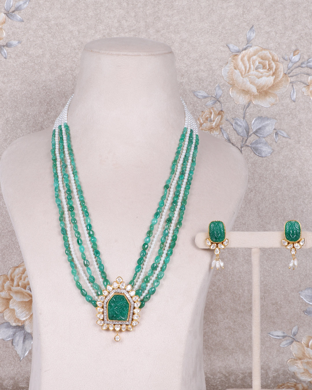 925 Silver Emerald & Pearl Polki Designer Necklace Jewelry