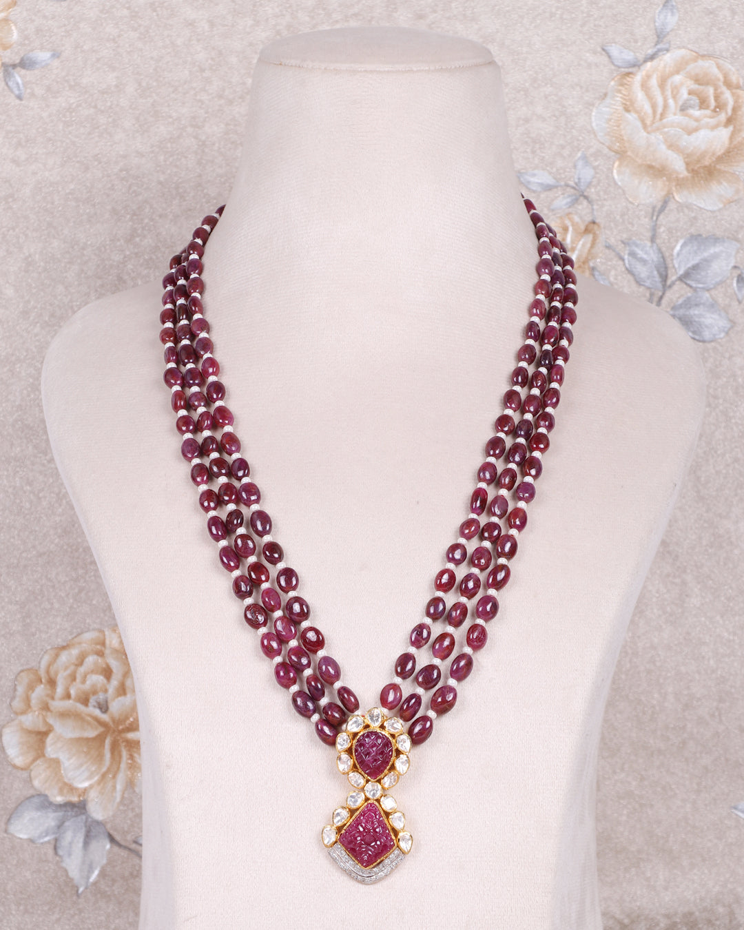 925 Silver Ruby & Pearl Polki Designer Necklace Jewelry