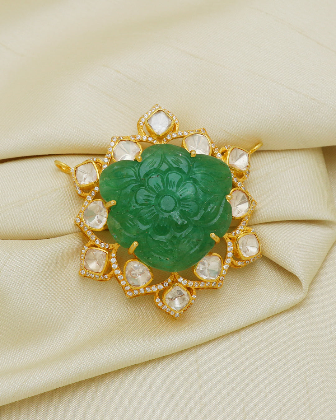 925 Silver Carved Emerald Moisanite Polki Pendant Jewelry