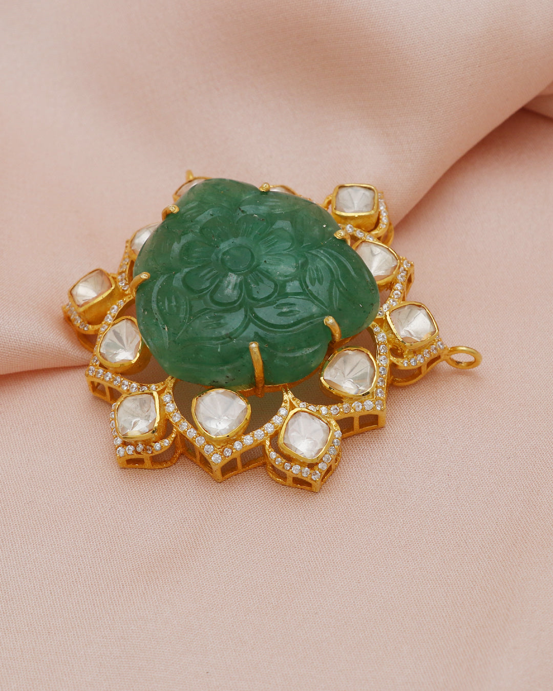 925 Silver Carved Emerald Moisanite Polki Pendant Jewelry