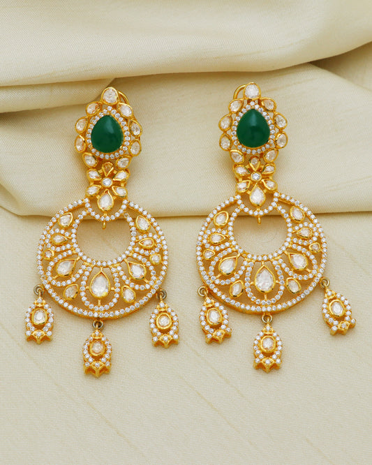 925 Silver Emerald Moissanite Polki Earring