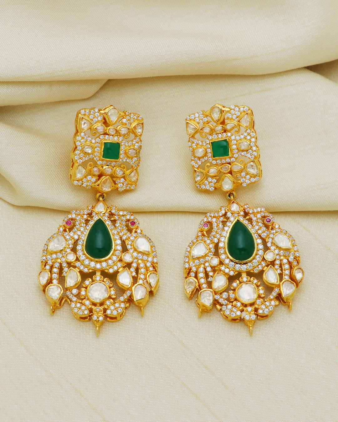 925 Silver Emerald Moissanite Polki Earring