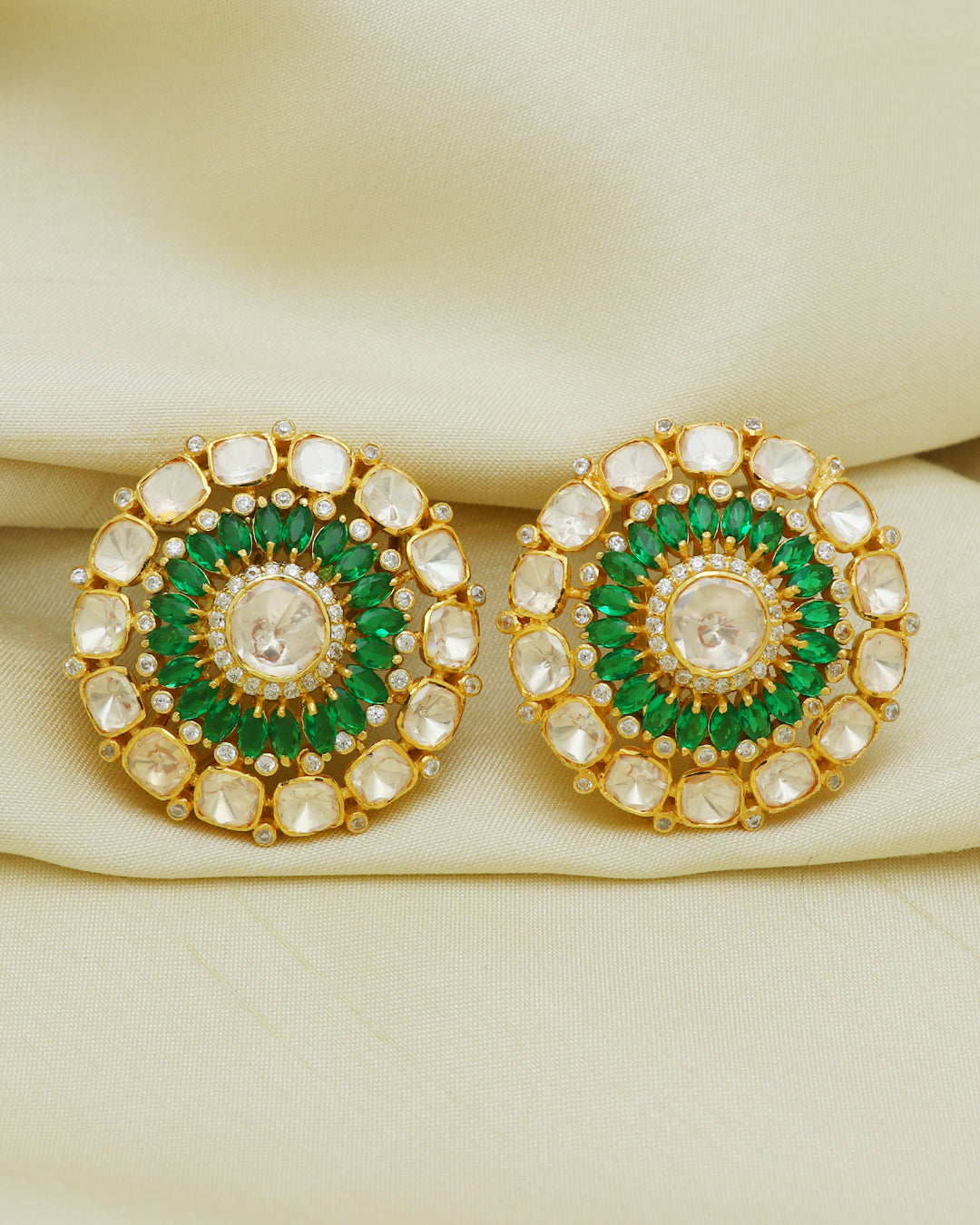 925 Silver Polki Stud Green Earring