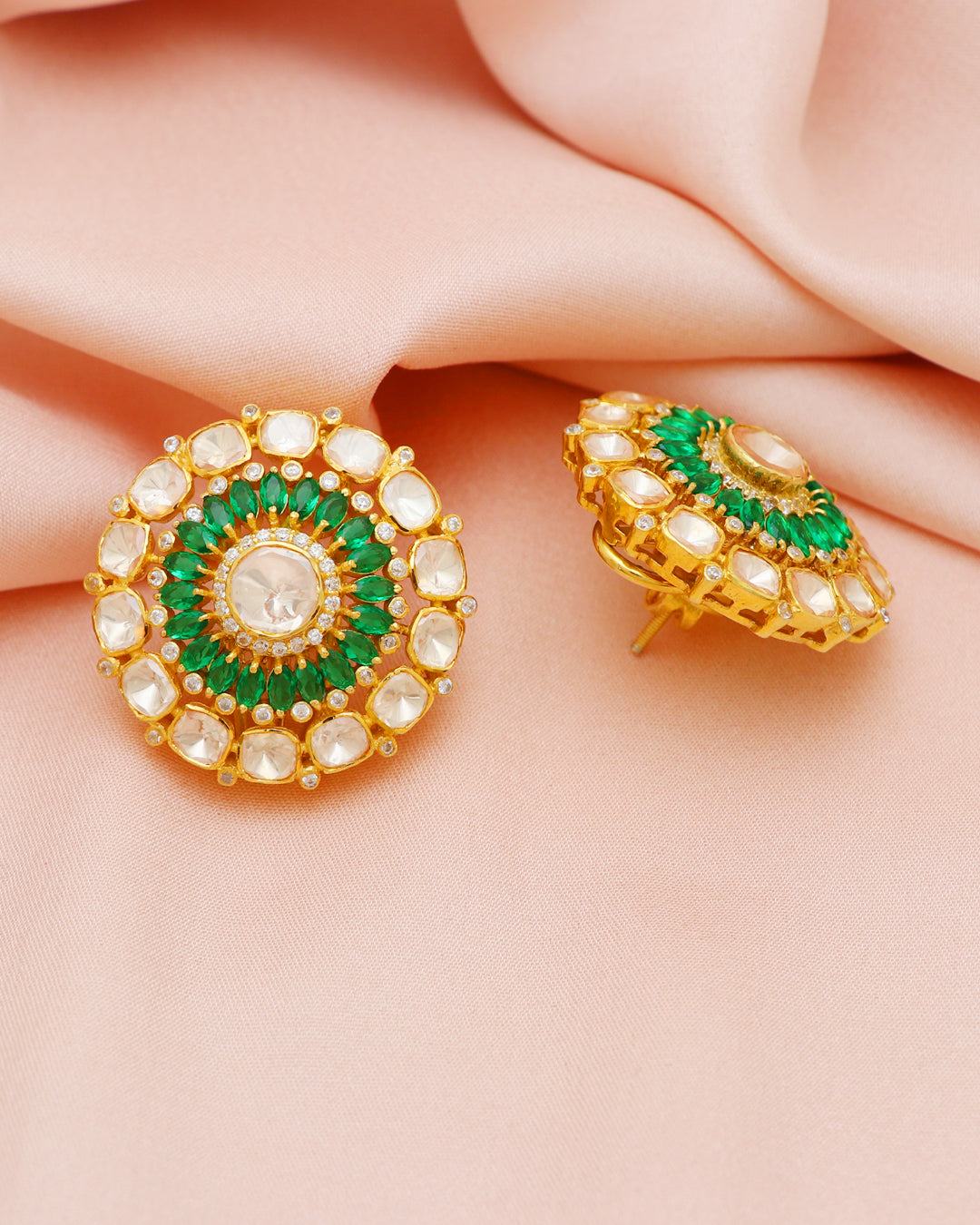 925 Silver Polki Stud Green Earring