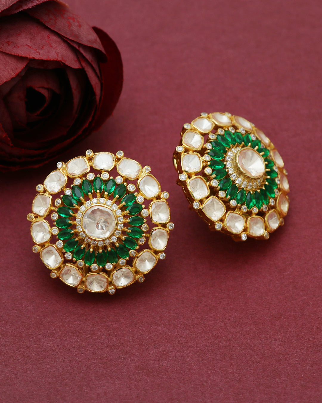 925 Silver Polki Stud Green Earring