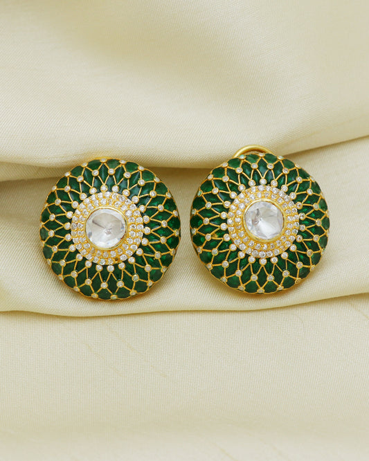 925 Silver Moissanite Polki Stud Green Earring