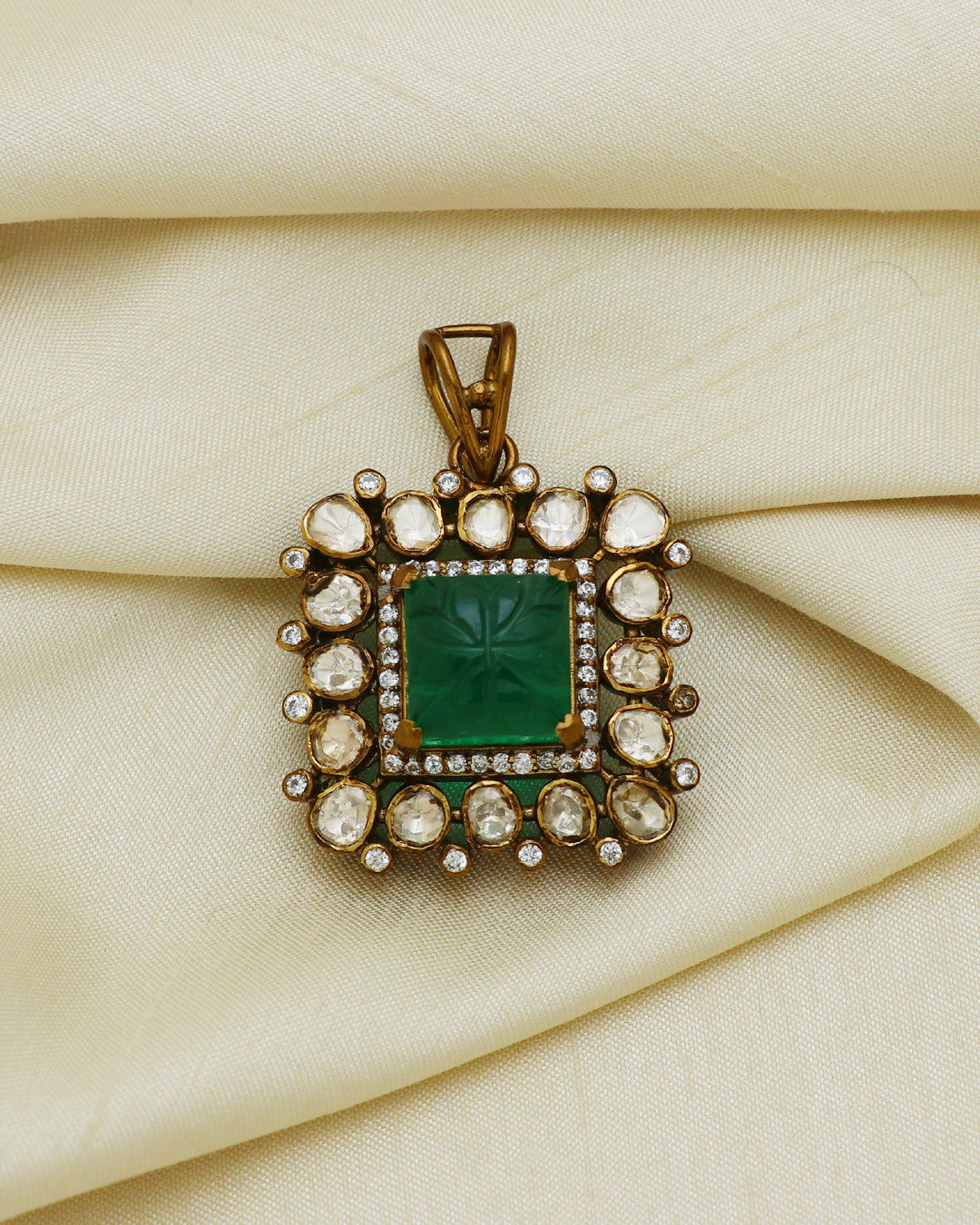 925 Silver Emerald Moissanite Polki Pendant