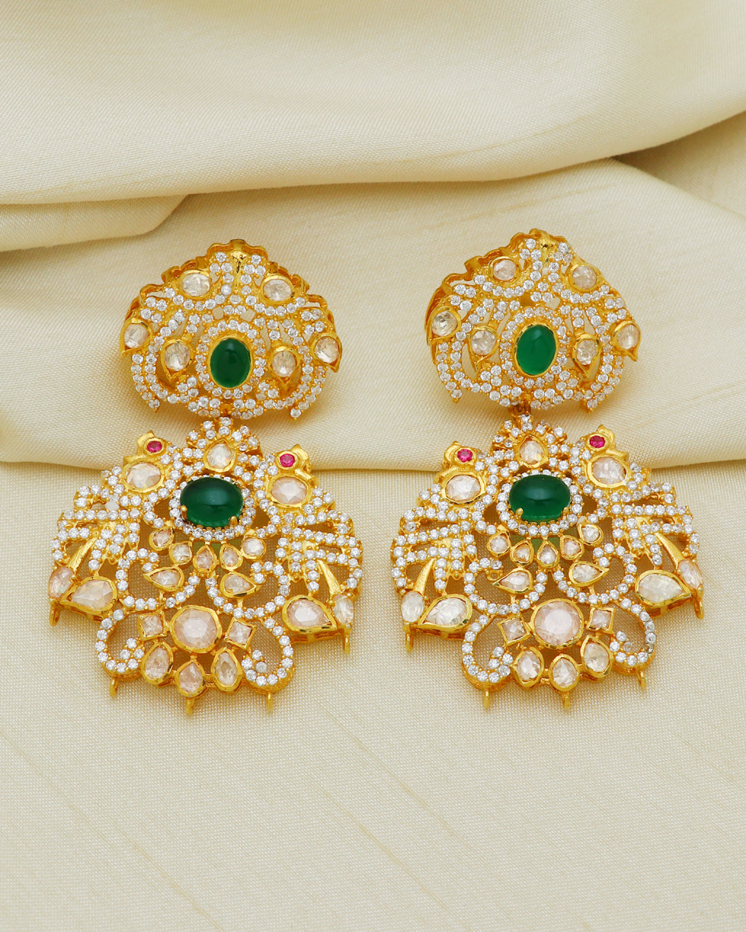 925 Silver Emerald Moissanite Polki Earring