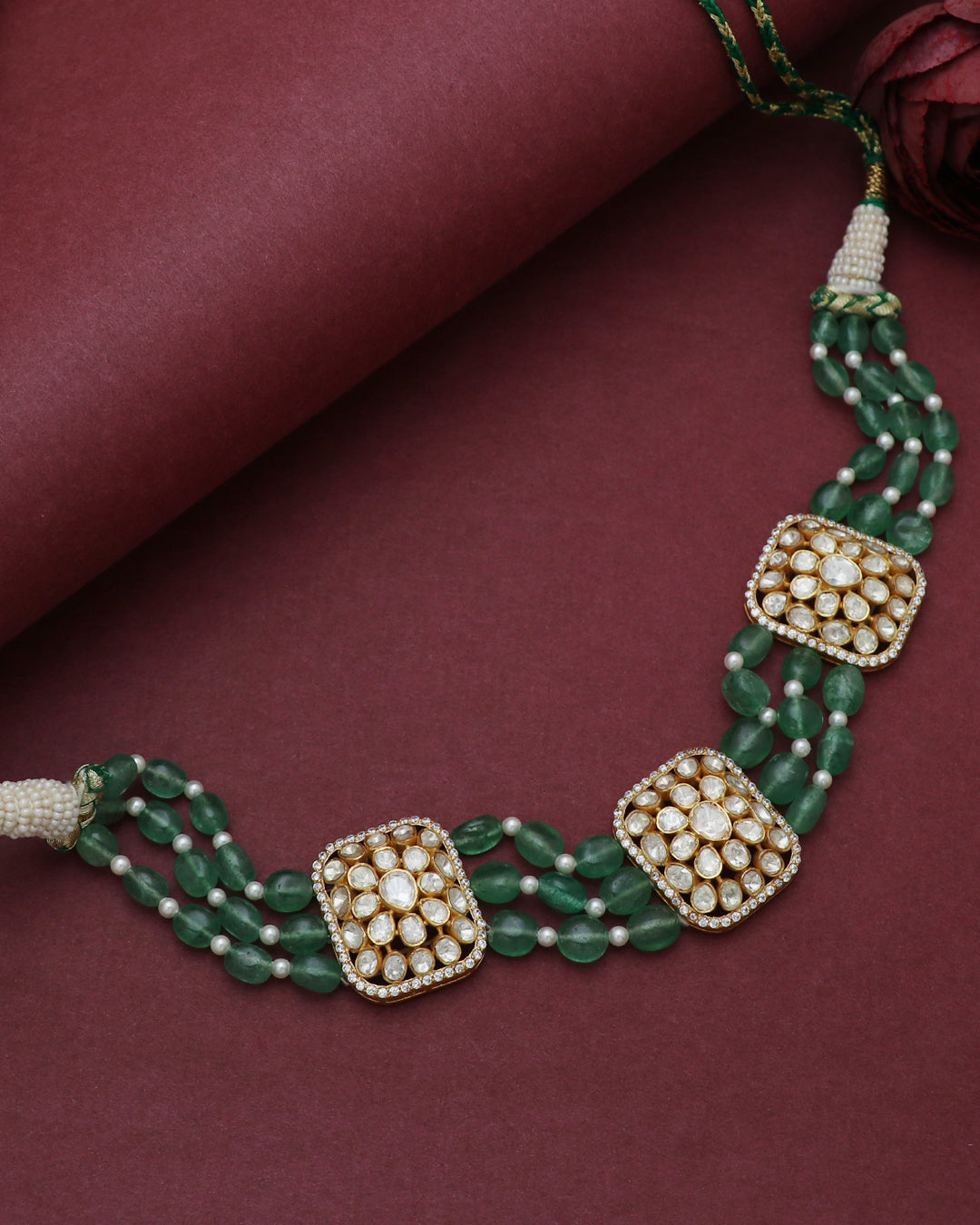 925 Silver Moissanite Polki Green Necklace