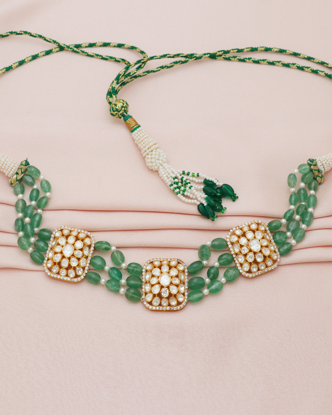 925 Silver Moissanite Polki Green Necklace
