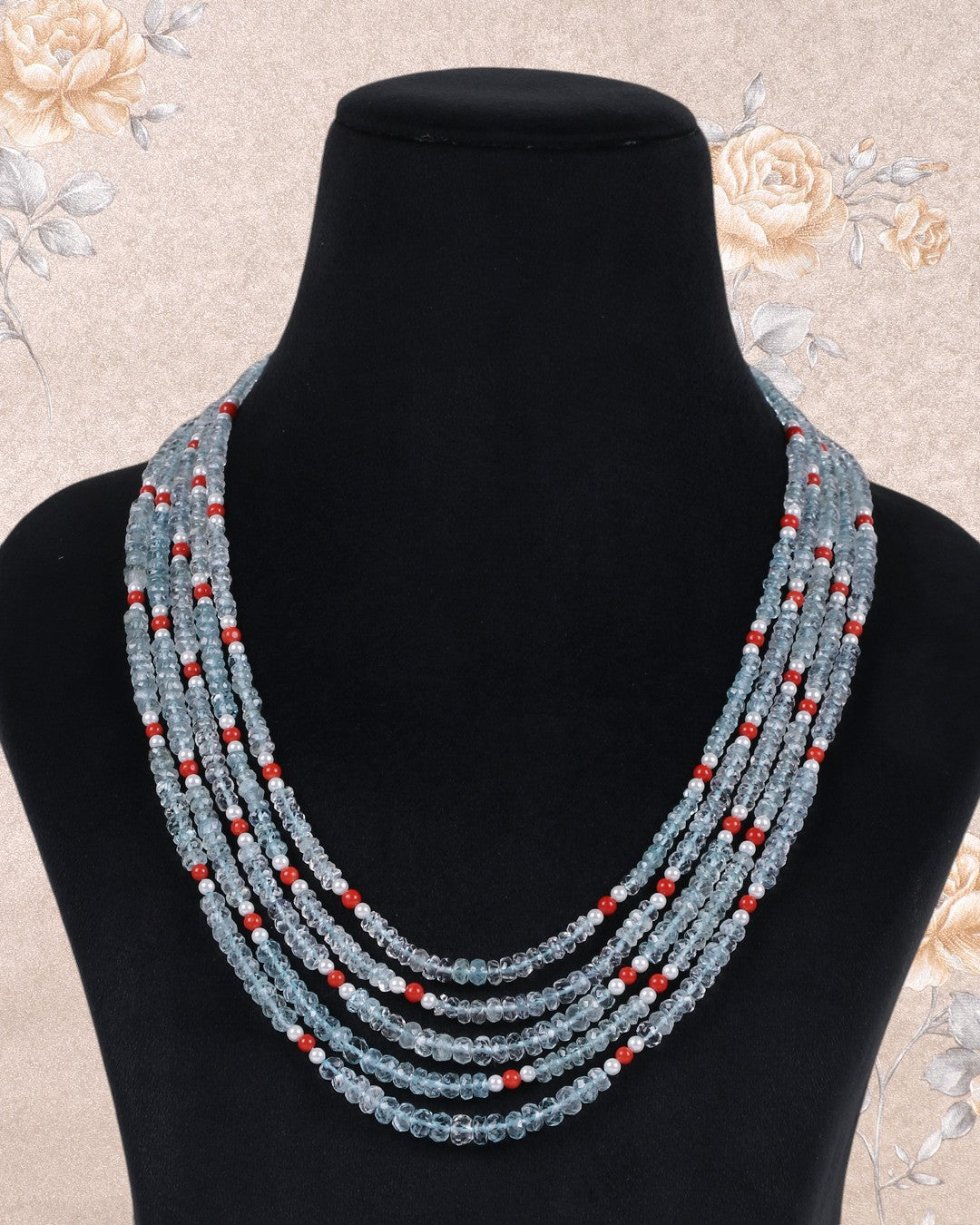 Natural Aquamarine And Coral Gemstone Rondelle Beads Necklace jewelry