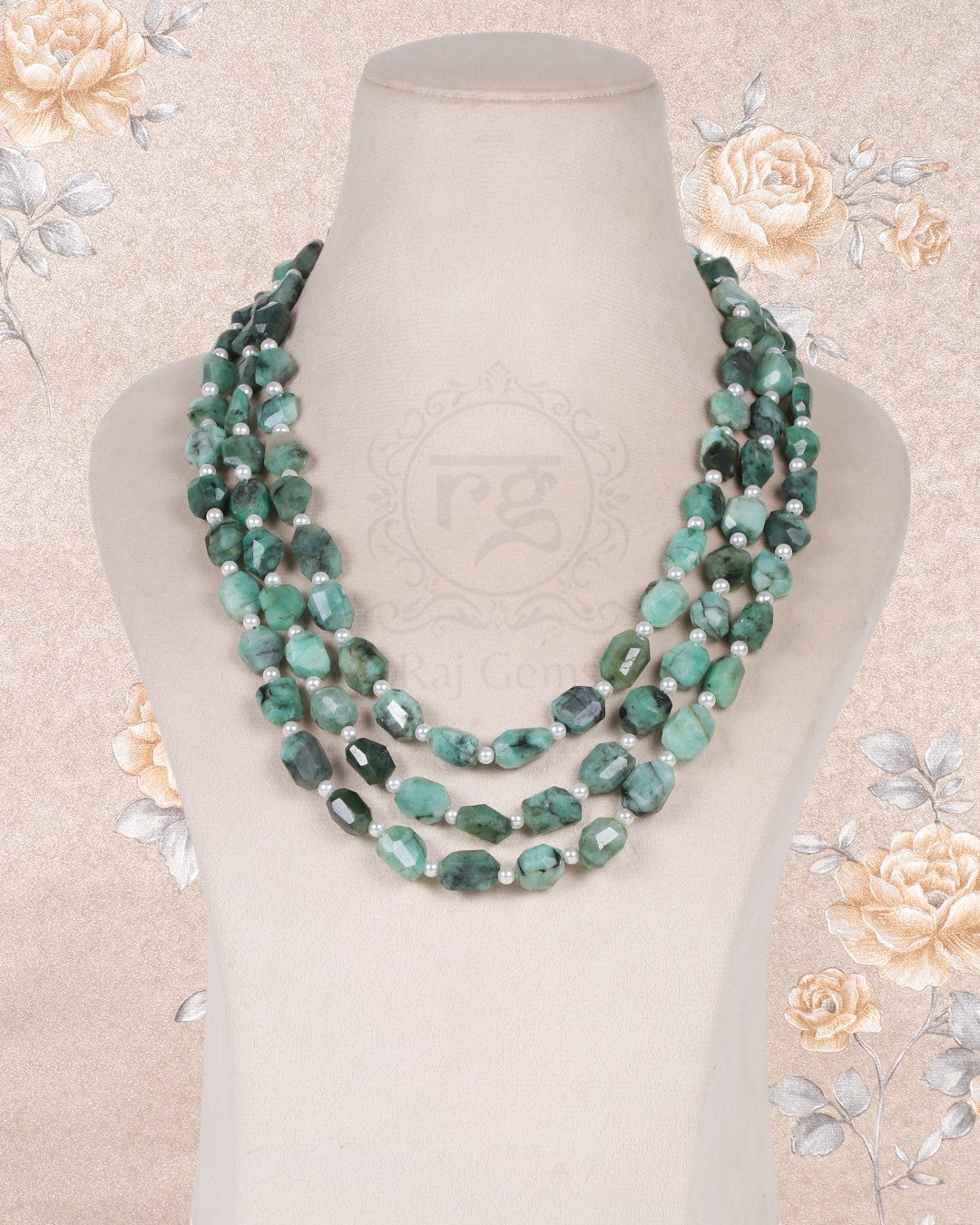 Natural Emerald And Pearl Gemstone faceted Beads Necklace Jewelry